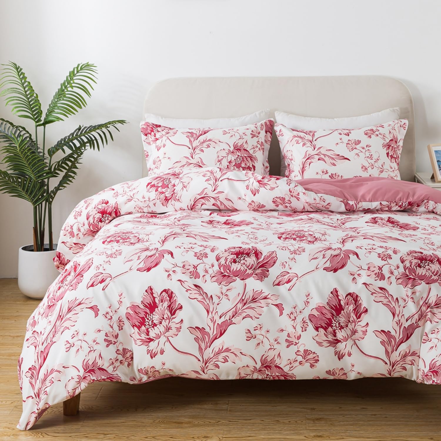 Bedtreat Floral Duvet Cover Set King Size,3Pcs Reversible Pattern-Solid Design Bedding Set,1 Duvet Cover With Zipper Closure & 8